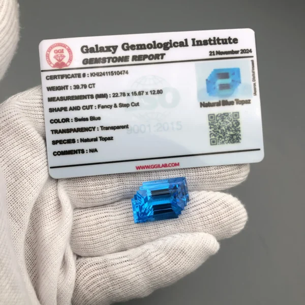 Swiss Blue Topaz 39.79 Carat Certified Fancy Cut 5 Swiss Blue Topaz 39.79 Carat Certified Fancy Cut