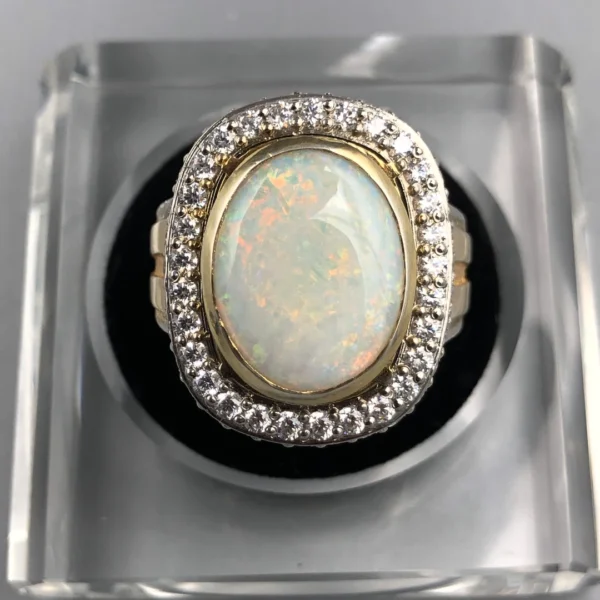 White Australian Opal 5.20ct Modern Vintage Silver Ring featuring a genuine untreated Australian opal with natural play-of-colour