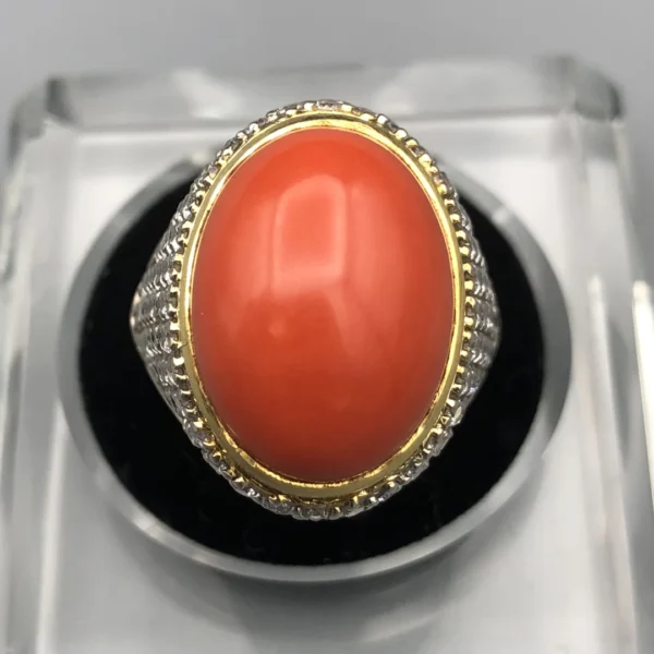 Natural Italian Coral 15ct in Art Deco Silver Ring