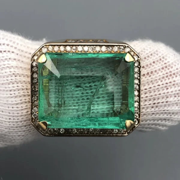 Natural Panjshir Emerald 21.97ct 12K Gold Ring with Diamonds