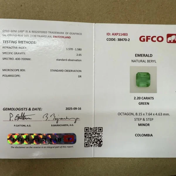Natural Colombian Emerald 2.20ct GFCO Thailand Certified